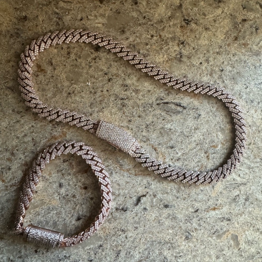 14kt rose gold diamond cuban link necklace and bracelet